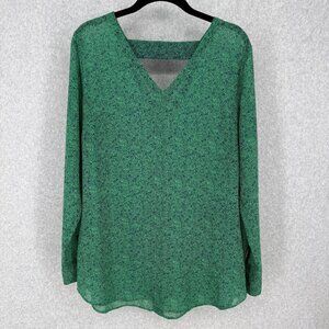 Cabi Womens Bountiful Blouse Size M Green Navy Ditsy Floral Sheer Style 5208 EUC